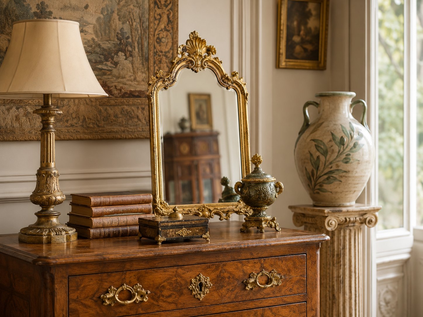 Mobilier ancien restauré — miroir doré, commode marquetée et vase en céramique