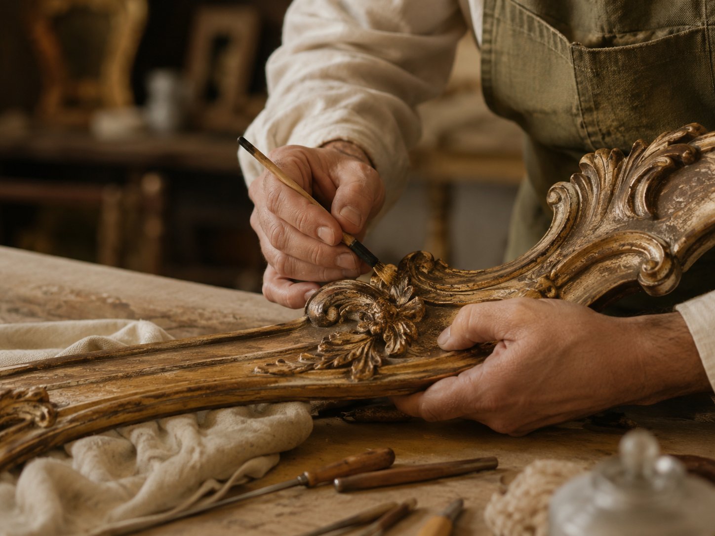 Restauration artisanale d'un cadre doré ancien — atelier Antiquité FT